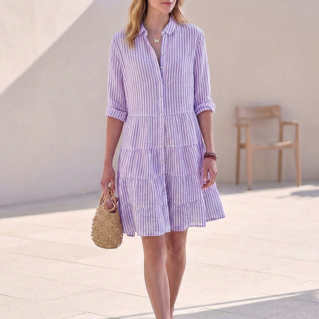 Purple striped tiered shirtdress with button front and three-quarter sleeves
