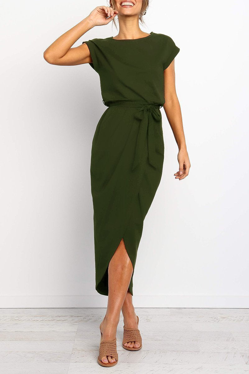Green cap-sleeve belted maxi dress with side slit