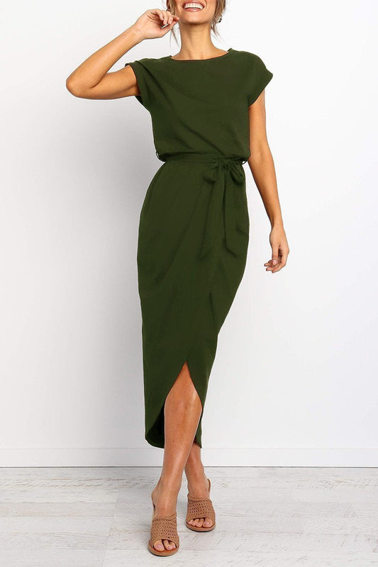 Green cap-sleeve belted maxi dress with side slit