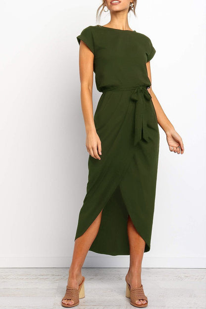 Green cap-sleeve belted maxi dress with draped skirt and side slit
