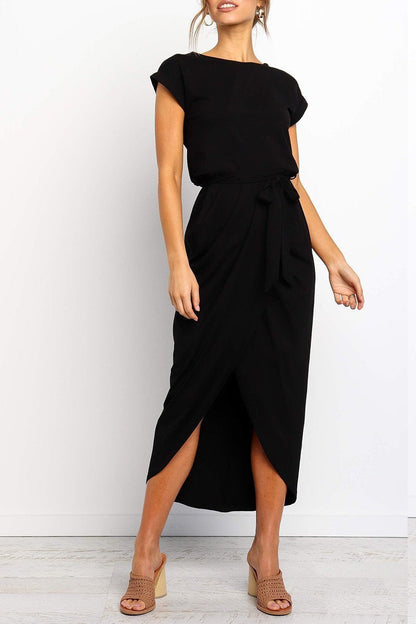 Black cap-sleeve belted maxi dress with tied waist and side slit