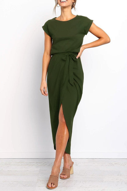 Green cap-sleeve belted maxi dress with gathered waist and side slit
