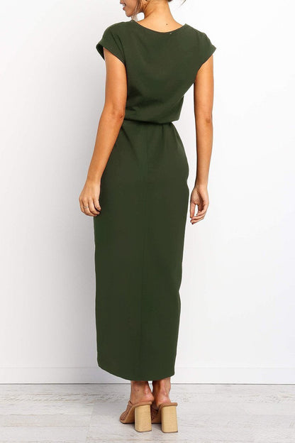 Dark green cap-sleeve belted maxi dress with tied waist, side view