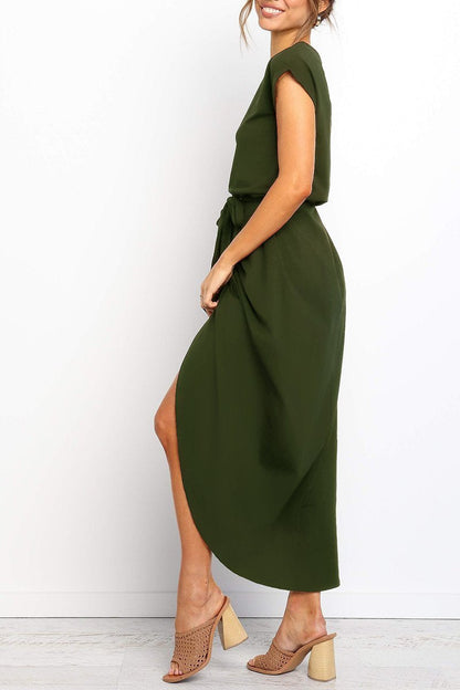 Green belted maxi dress, short cap sleeves, side slit, loose A-line fit