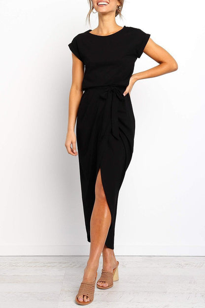 Black belted maxi dress, cap sleeves, tie waist, front side slit, fitted bodice
