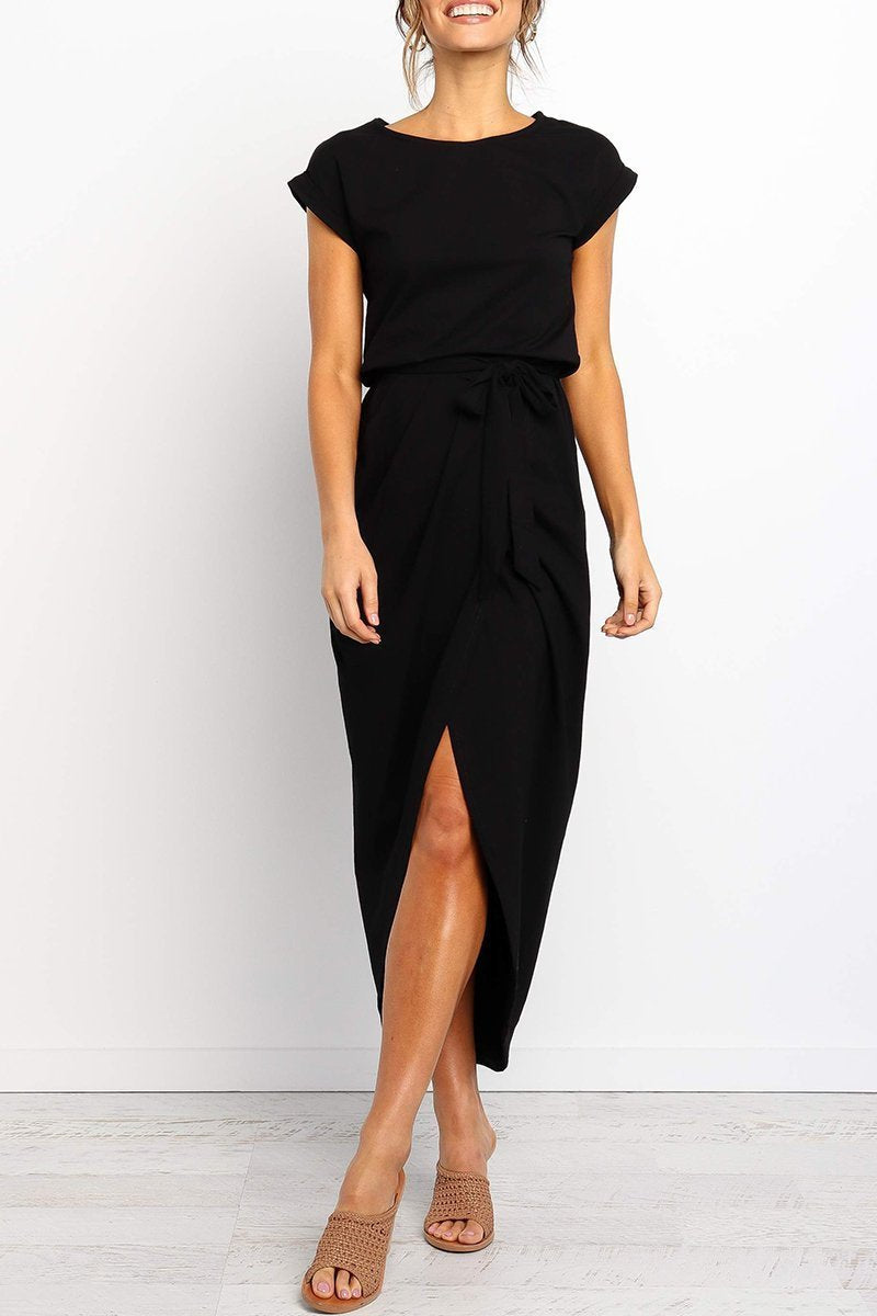 Black cap-sleeve belted maxi dress with front side slit