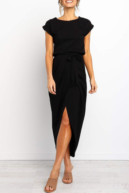 Black cap-sleeve belted maxi dress with front side slit