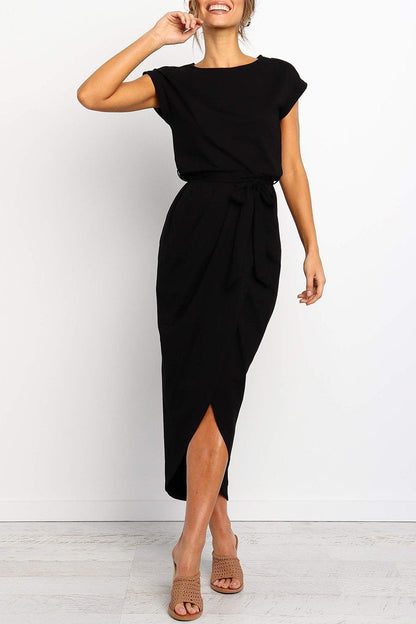 Black cap-sleeve belted maxi dress with side slit and tied waist