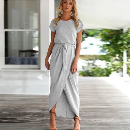 Light grey cap-sleeve belted maxi dress with front side slit