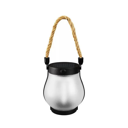Hanging solar flame lantern with rope handle and black cap, silver glass-like body