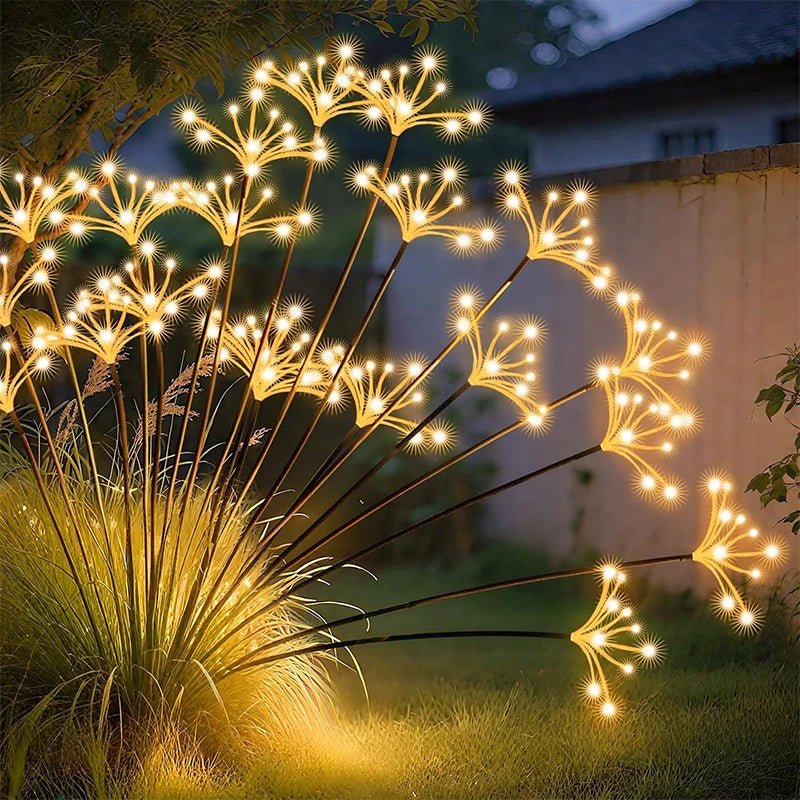 Solar starburst garden lights with warm white LEDs on slender stems