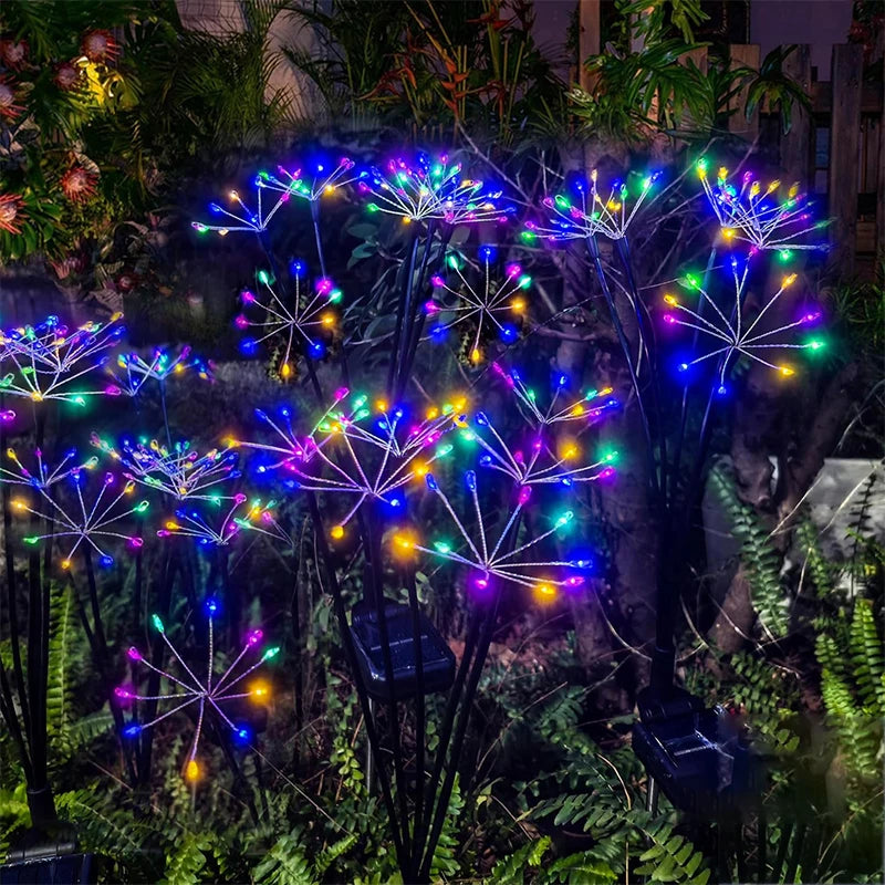 Solar starburst garden lights with multicolor LEDs on long stems