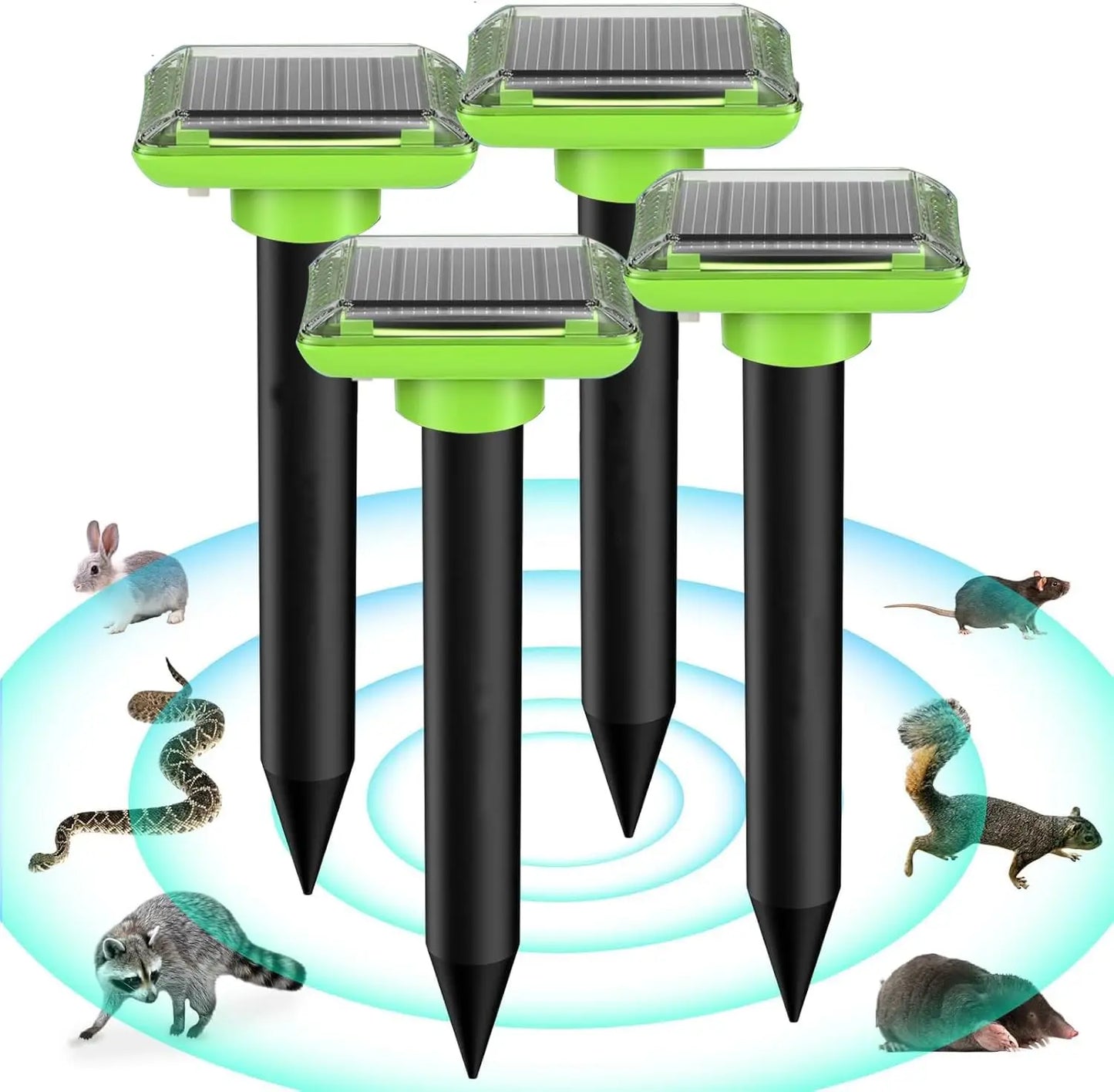 Solar ultrasonic repellent spike set with four black spikes and green solar tops