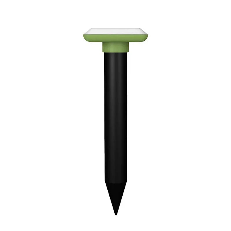 Solar ultrasonic mole repellent spike with black stake and green solar panel top