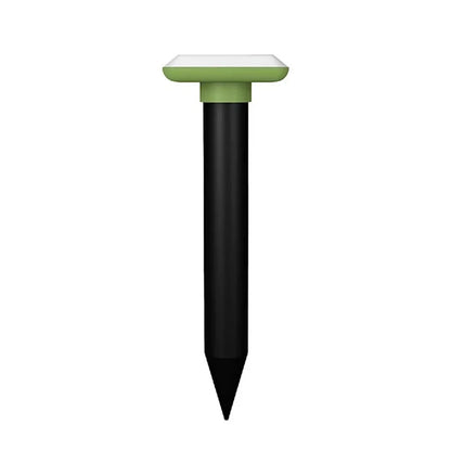 Solar ultrasonic mole repellent spike with black stake and green solar panel top