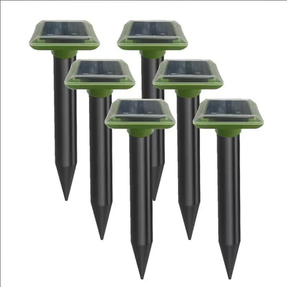 Solar ultrasonic mole repellent spike pack with multiple black stakes and green tops