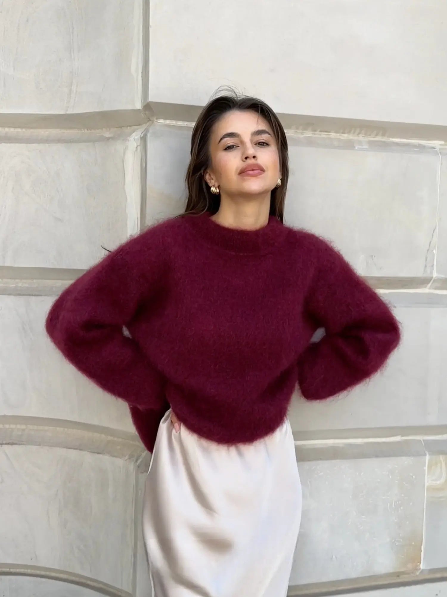 Burgundy mohair sweater with high crew neck and loose long sleeves