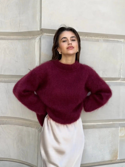 Burgundy mohair sweater with high crew neck and loose long sleeves
