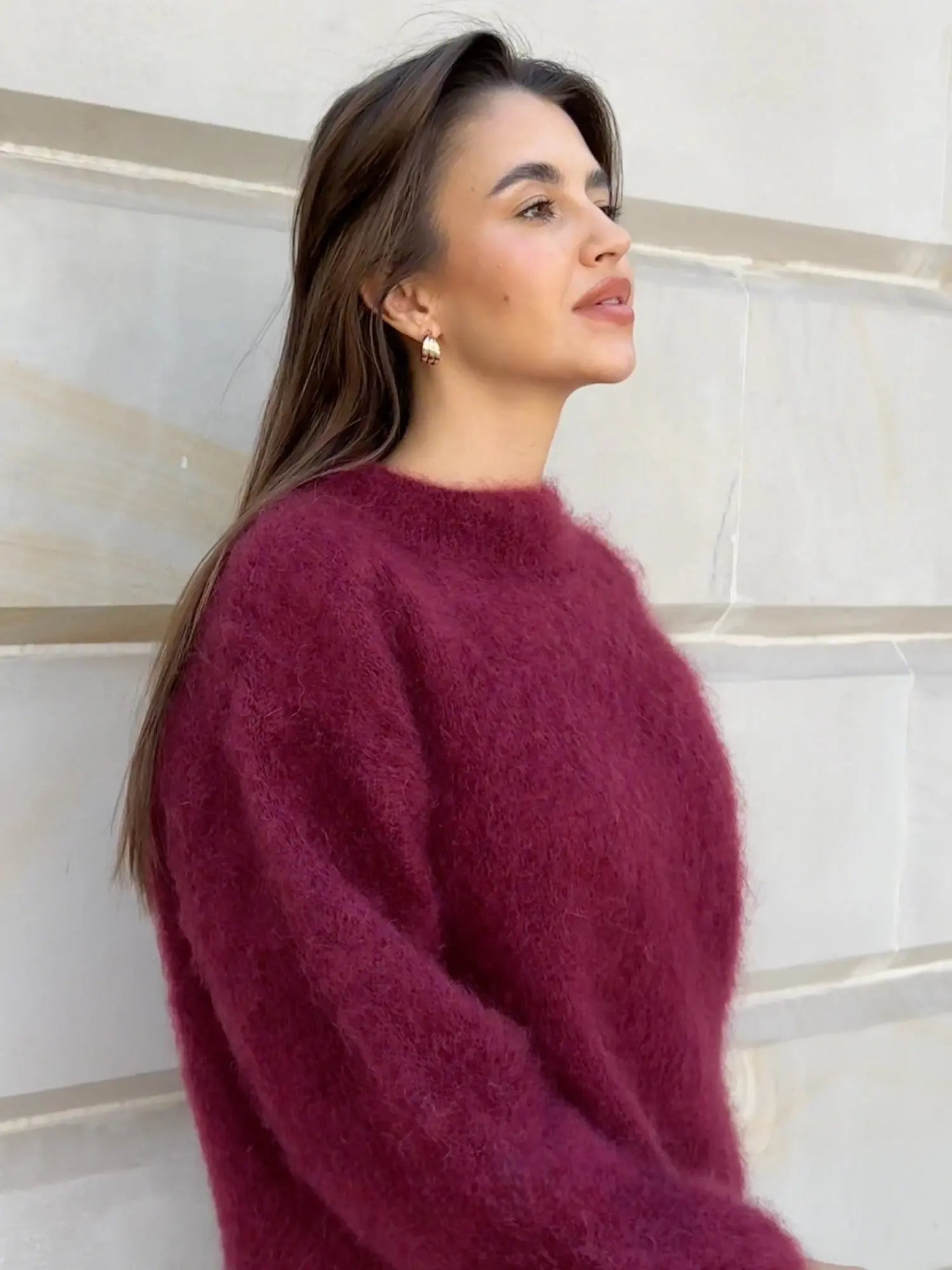 Burgundy mohair sweater with fuzzy texture and wide crew neck