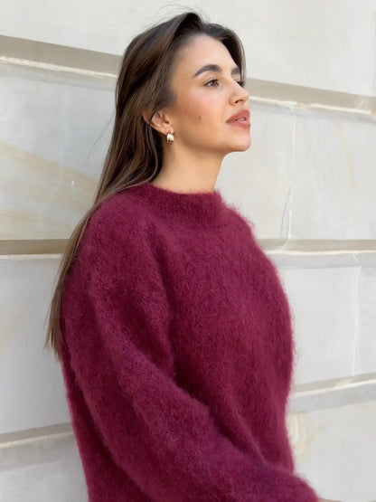 Burgundy mohair sweater with fuzzy texture and wide crew neck