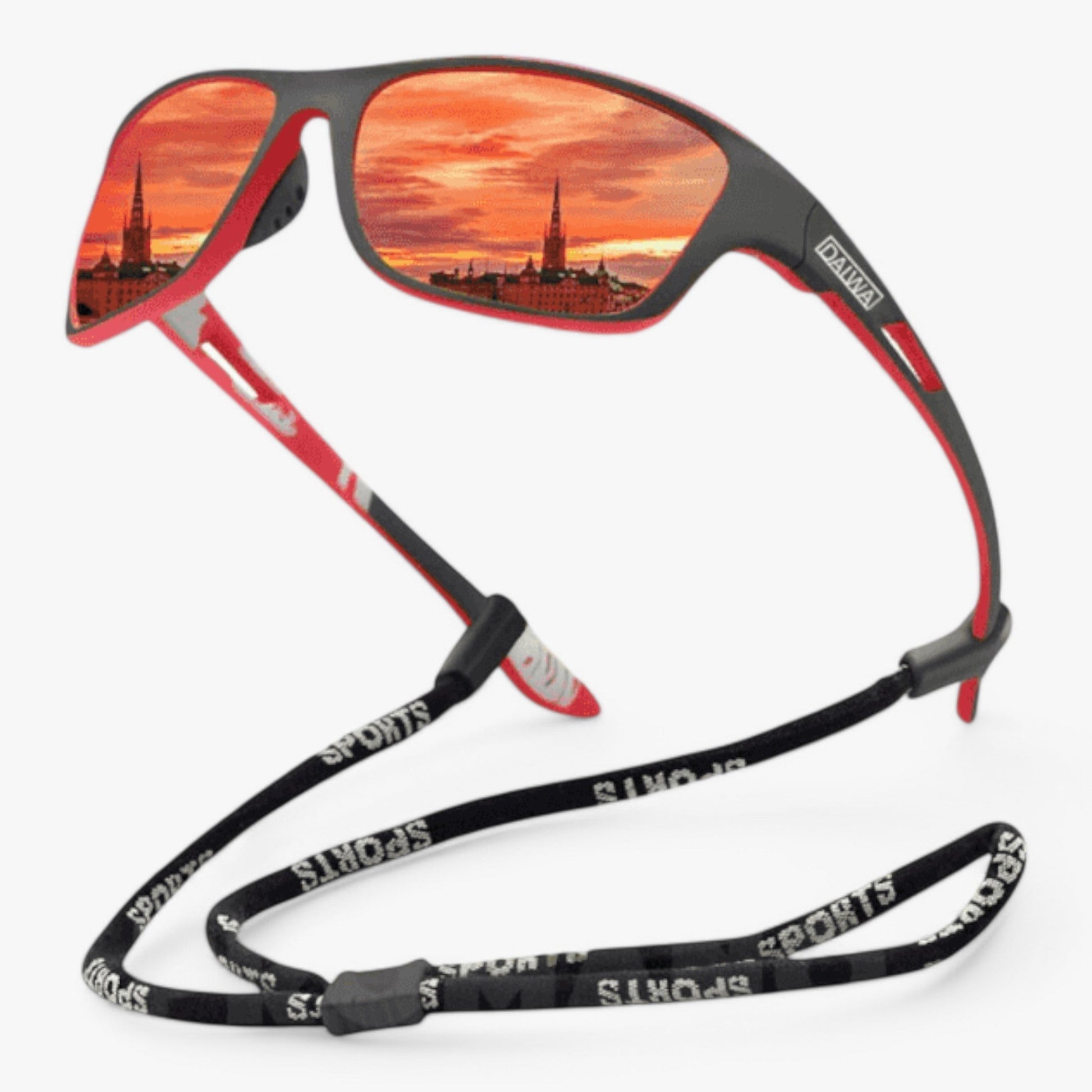 Professional cycling sunglasses with red frame and reflective red panoramic lenses