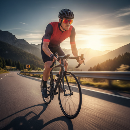 Professional cycling sunglasses on helmeted cyclist, red-tinted mirrored lenses