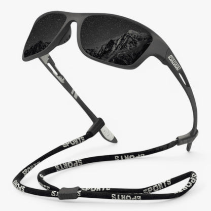 Professional cycling sunglasses with black speckled frame and dark mirrored lenses