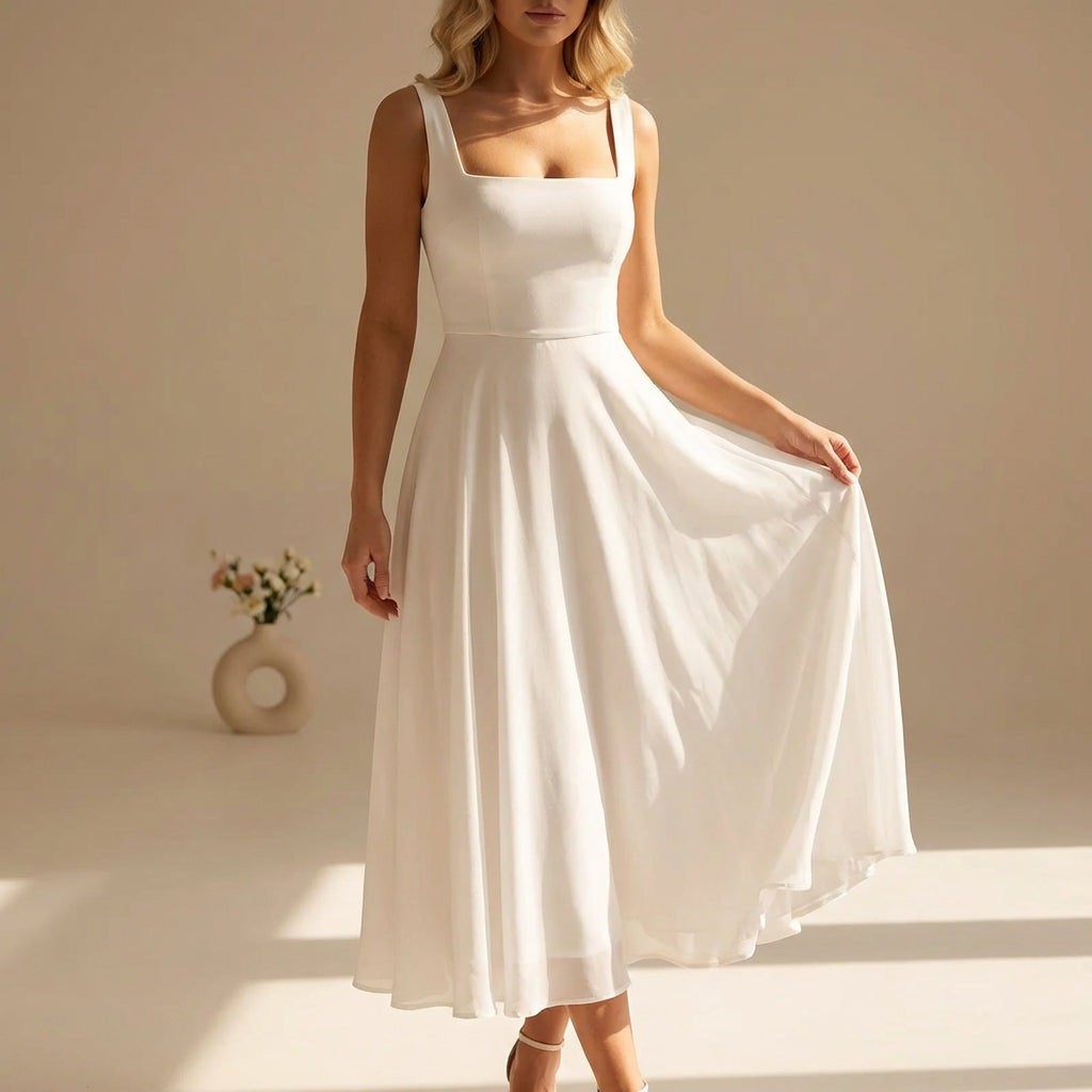 White sleeveless square-neck midi sundress with A-line skirt and adjustable straps