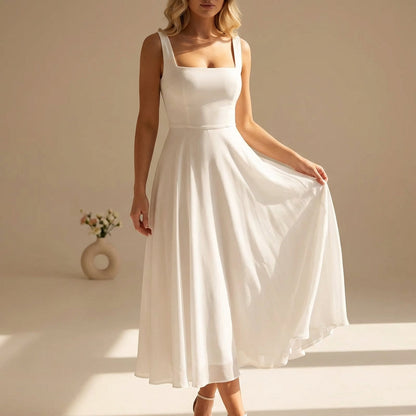 White sleeveless square-neck midi sundress with A-line skirt and adjustable straps