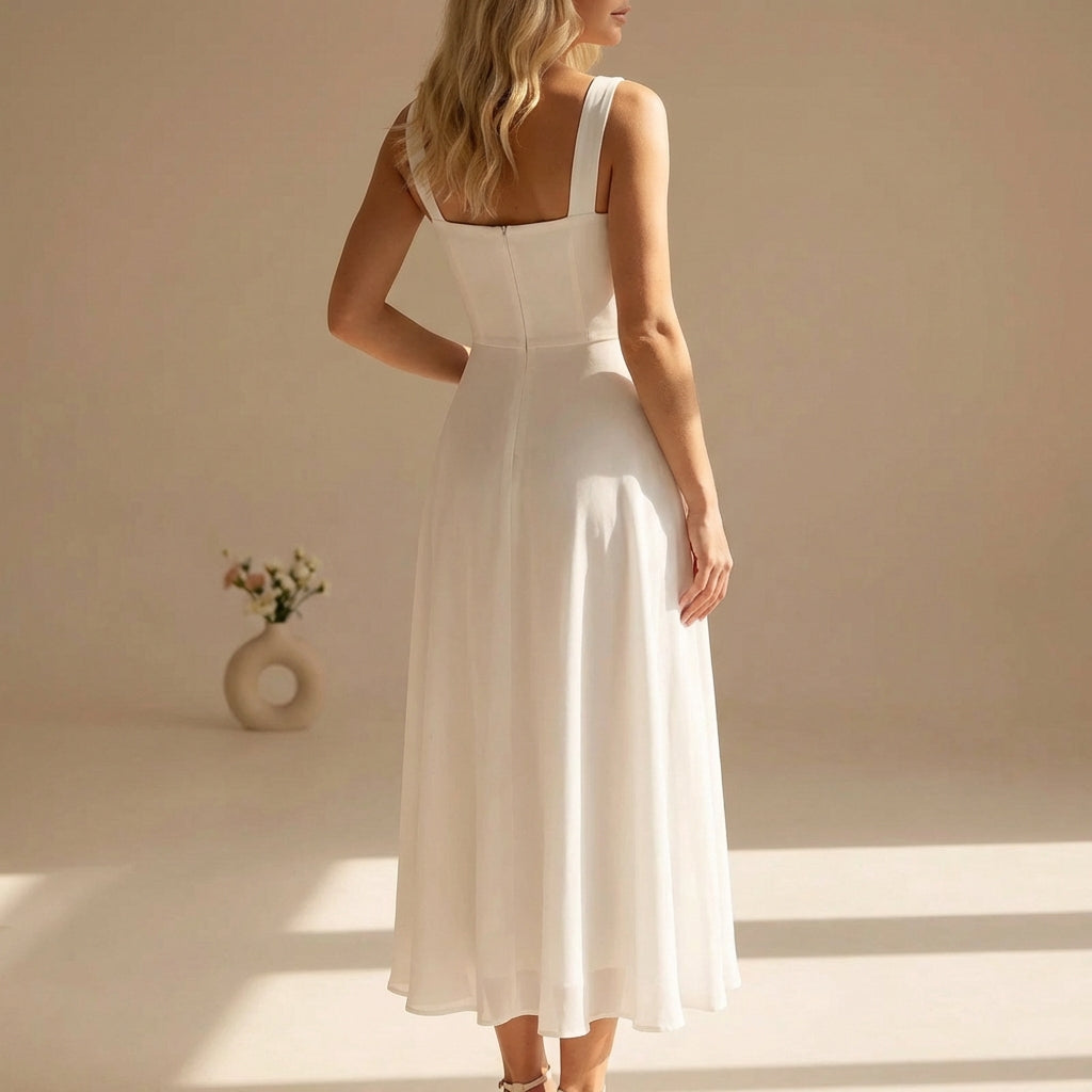 White sleeveless square-neck midi A-line sundress with gathered skirt