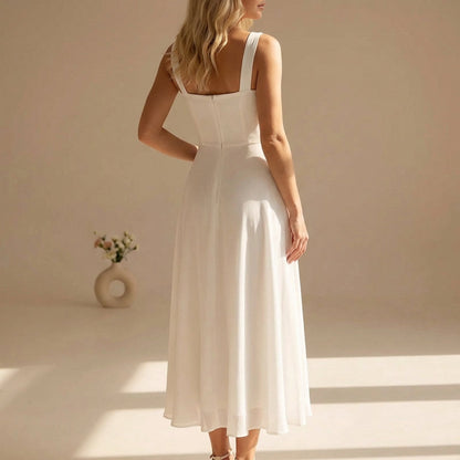 White sleeveless square-neck midi A-line sundress with gathered skirt