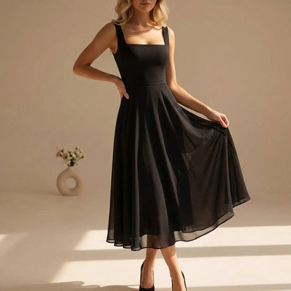 Black sleeveless square-neck midi sundress with flowy A-line chiffon skirt