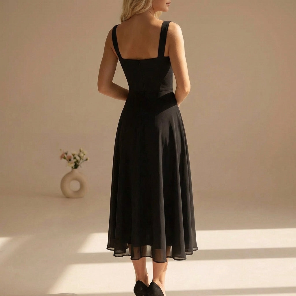 Black sleeveless square-back midi sundress with A-line skirt
