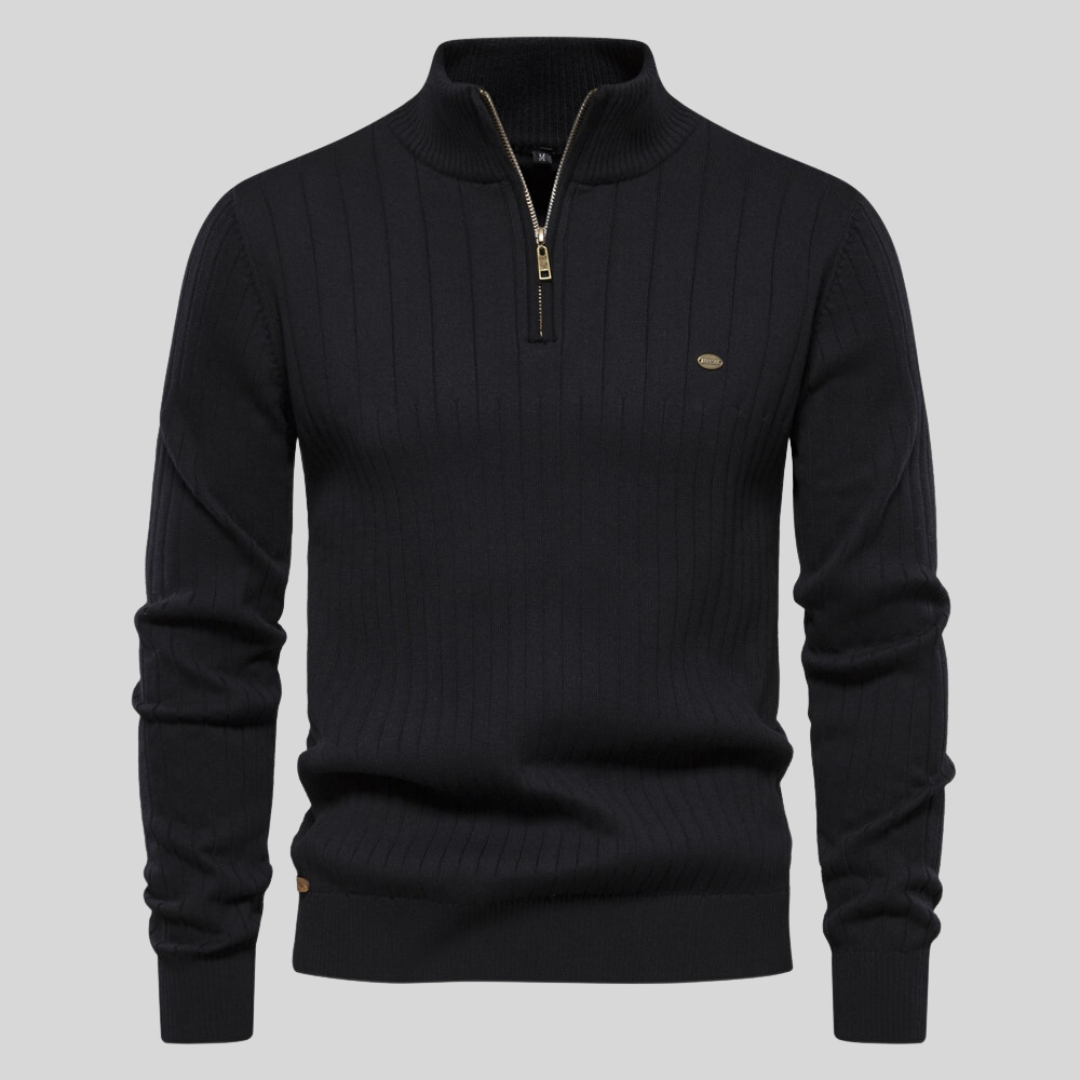 Ribbed half-zip knit sweater in dark black, long sleeves, stand collar, small chest logo.