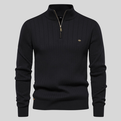 Ribbed half-zip knit sweater in dark black, long sleeves, stand collar, small chest logo.