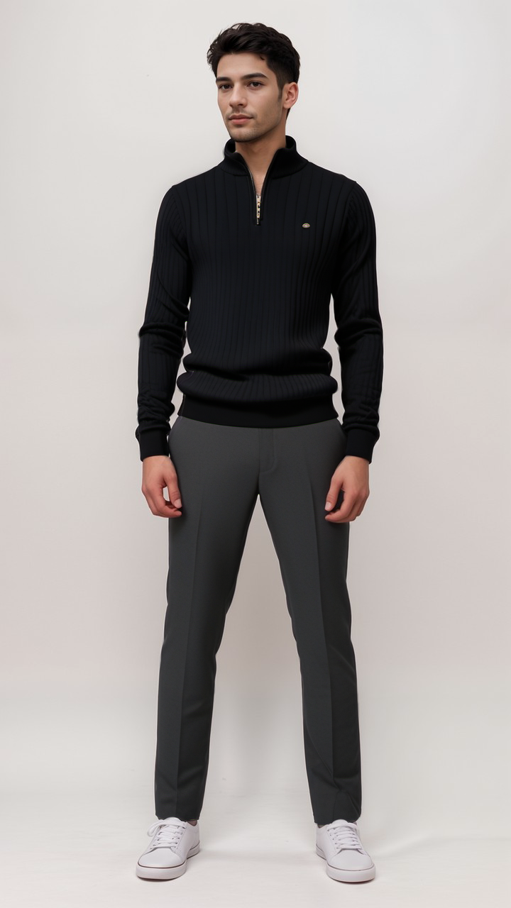 Ribbed half-zip knit sweater in black, long sleeves, gold zipper, small chest logo.