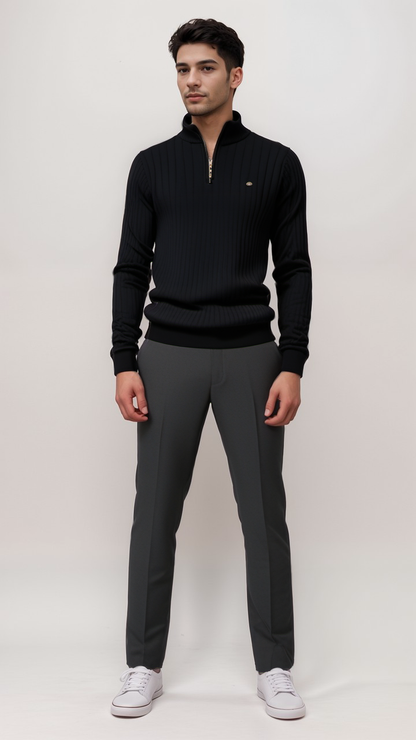 Ribbed half-zip knit sweater in black, long sleeves, gold zipper, small chest logo.