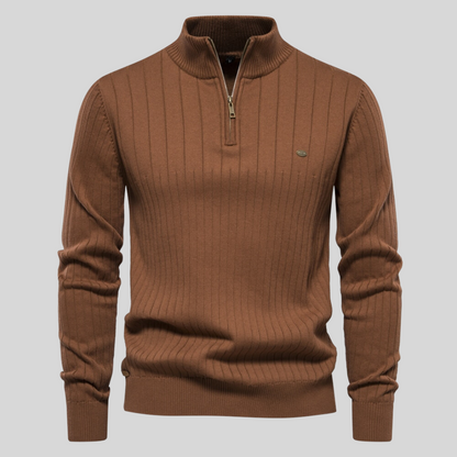 Ribbed half-zip knit sweater in brown, long sleeves, stand collar, small chest logo.
