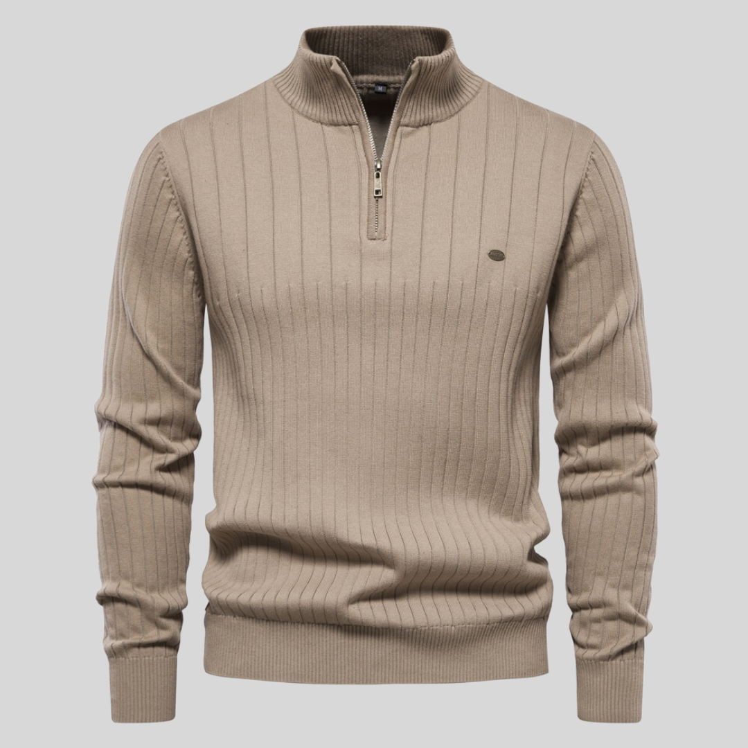 Ribbed half-zip knit sweater in khaki, long sleeves, stand collar, small chest logo.