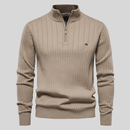 Ribbed half-zip knit sweater in khaki, long sleeves, stand collar, small chest logo.