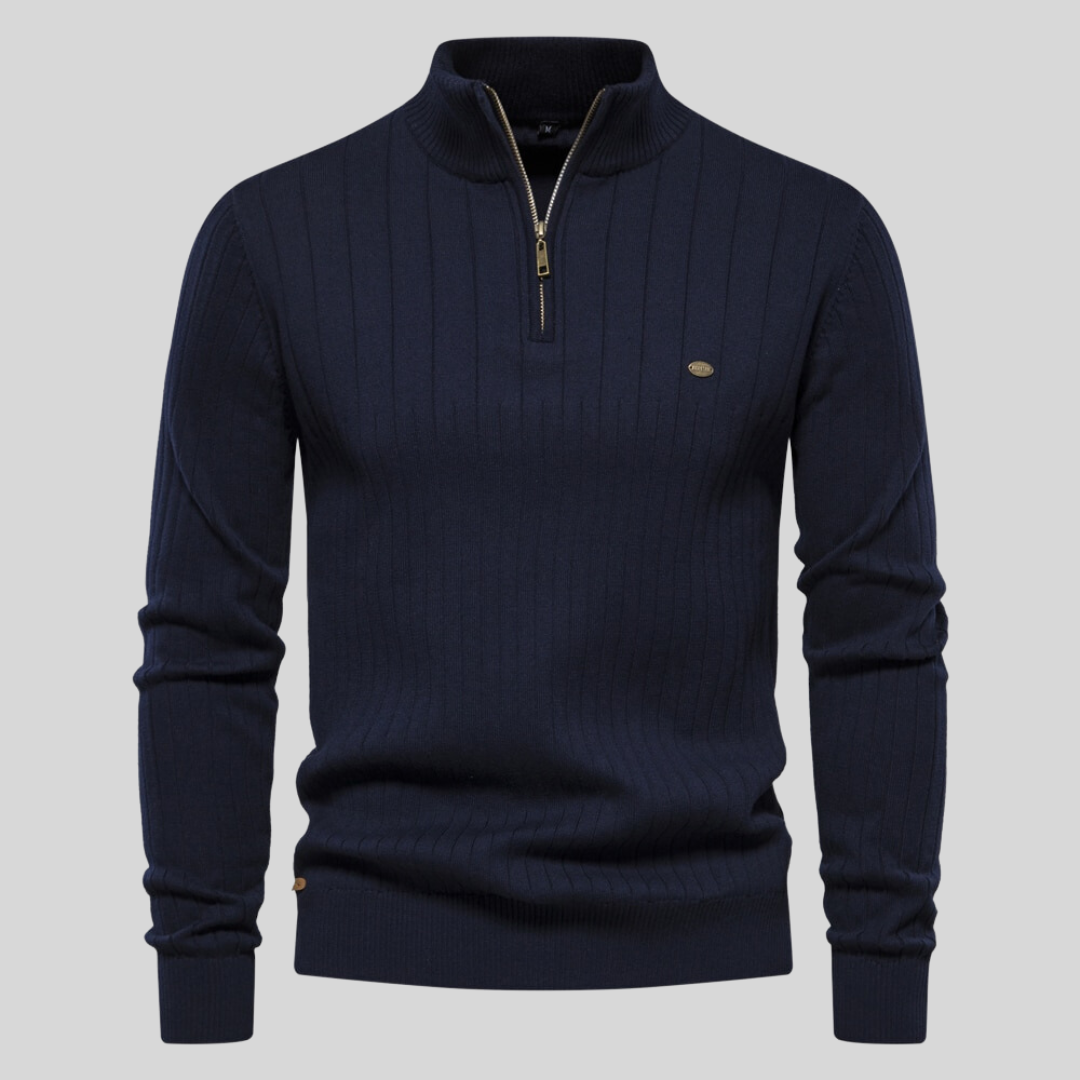 Ribbed half-zip knit sweater in dark blue, long sleeves, stand collar, small chest logo.