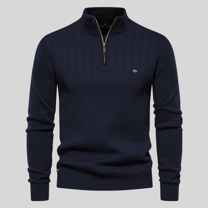 Ribbed half-zip knit sweater in dark blue, long sleeves, stand collar, small chest logo.