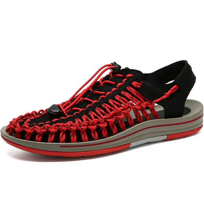Black and red woven water shoes with lace-up knit upper and gray EVA sole.