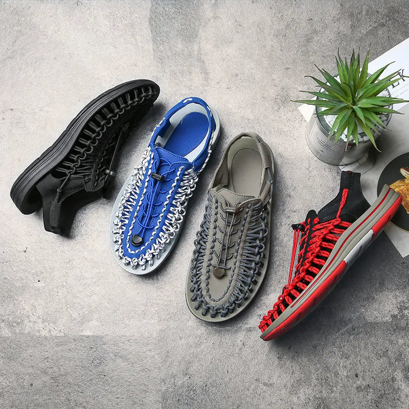 Set of woven water shoes in black, blue, gray, and red with lace-up uppers