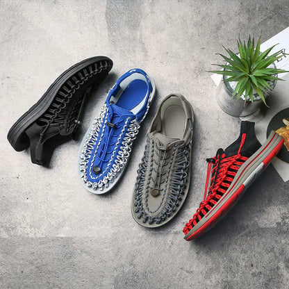 Set of woven water shoes in black, blue, gray, and red with lace-up uppers