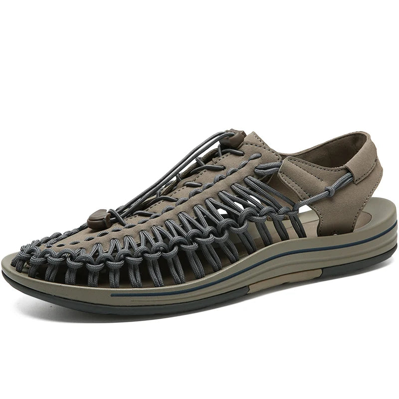 Olive-brown woven water shoes with lace-up knit upper and cushioned rubber sole