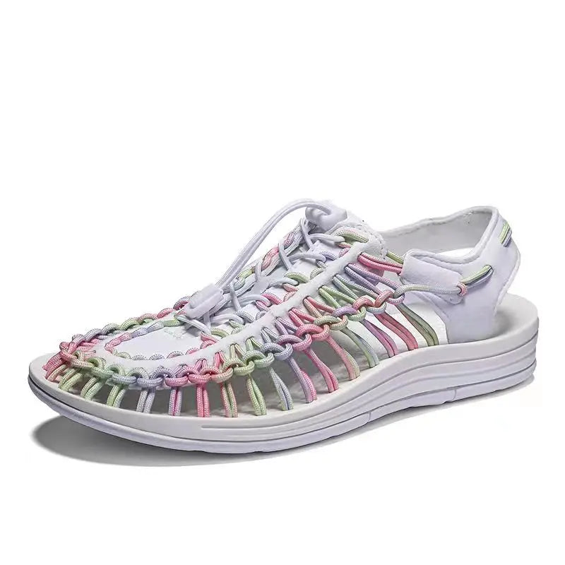Light gray woven water shoes with lace-up knit upper and colorful stitched laces