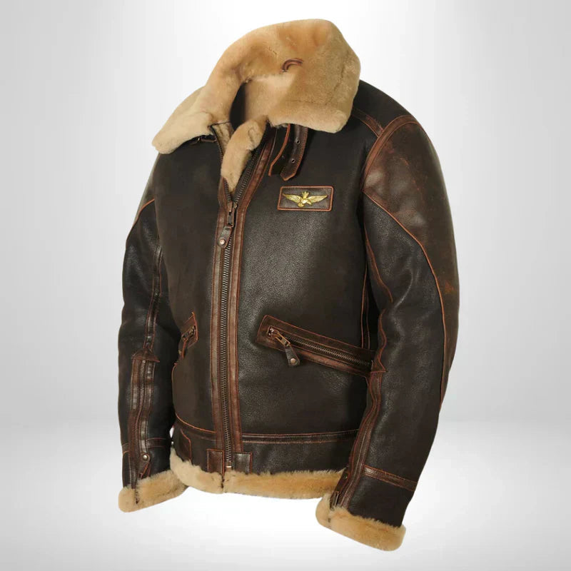 Men's shearling flight jacket in dark brown leather with tan shearling collar and front zip