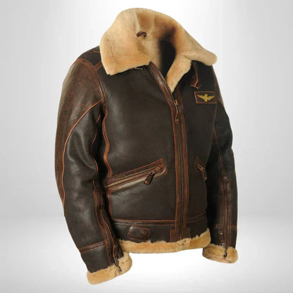 Men's shearling flight jacket, dark brown leather with tan shearling lining and chest pockets