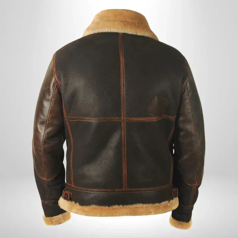 Men's shearling flight jacket back view, dark brown leather with tan shearling trim at hem